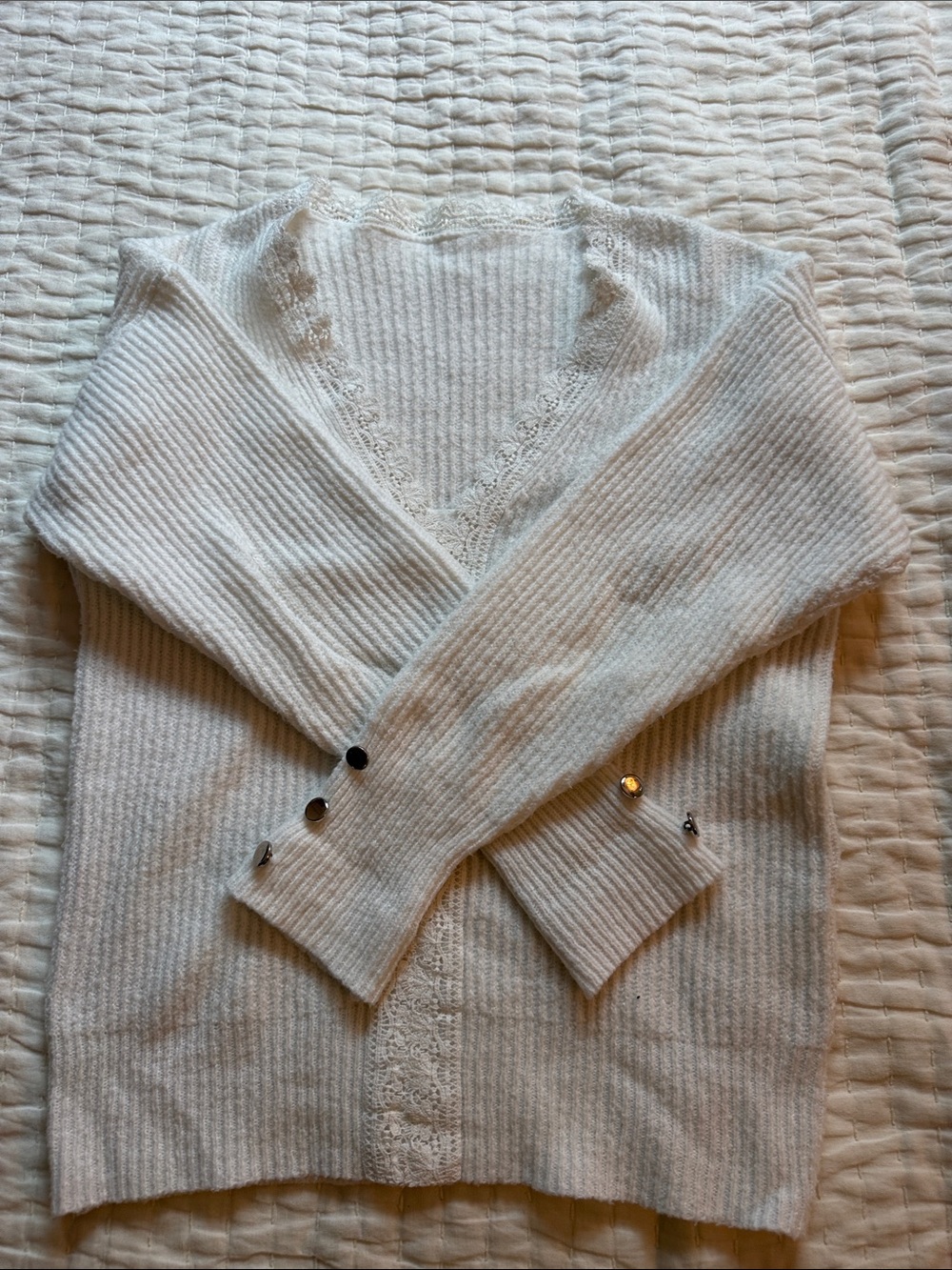 Light Cream V-Neck Lace Trim Ribbed Sweater